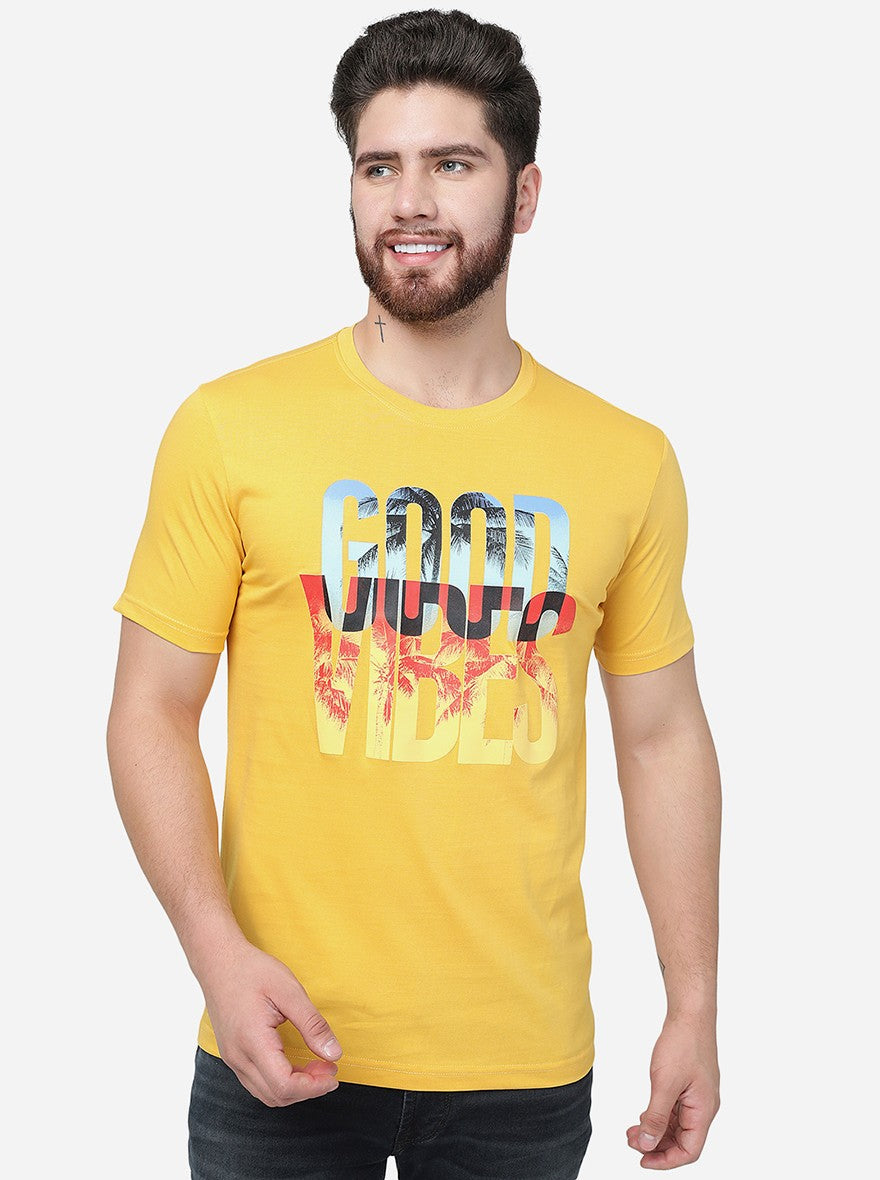 Golden Yellow Printed Slim Fit T-Shirt | Greenfibre