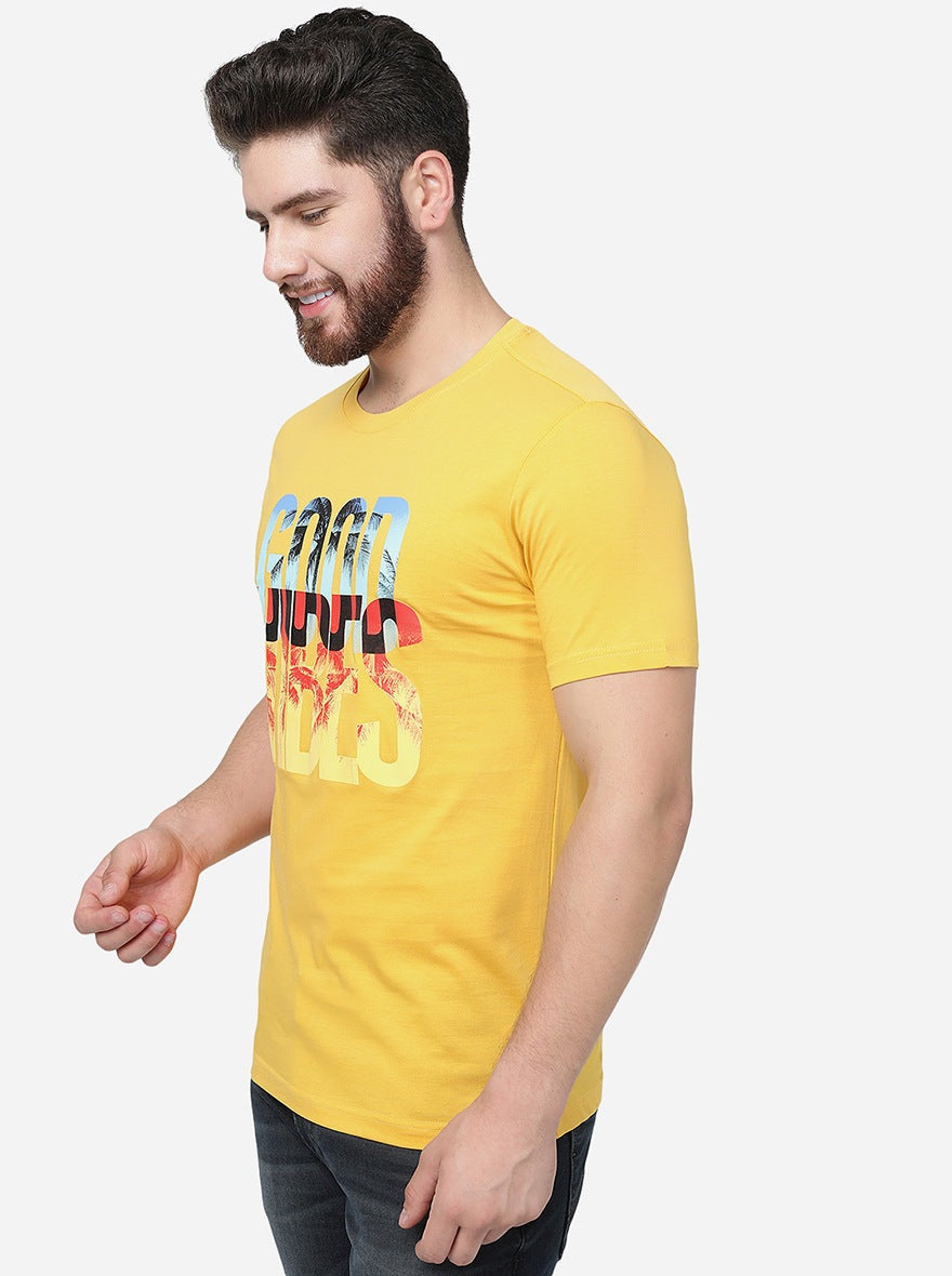 Golden Yellow Printed Slim Fit T-Shirt | Greenfibre