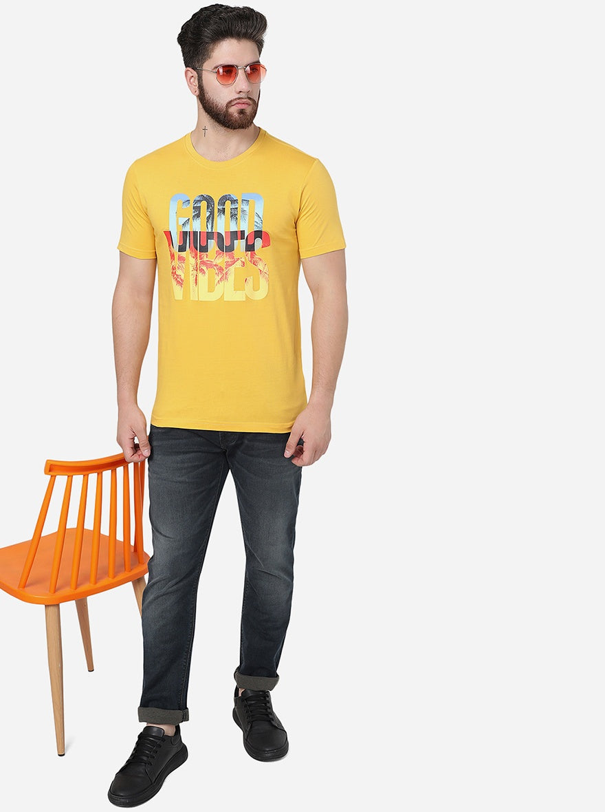 Golden Yellow Printed Slim Fit T-Shirt | Greenfibre