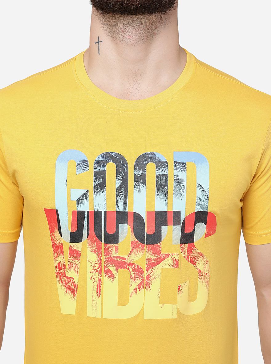 Golden Yellow Printed Slim Fit T-Shirt | Greenfibre