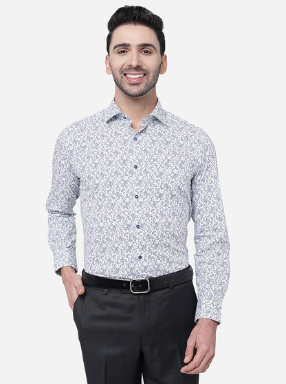 White & Blue Printed Slim Fit Formal Shirt | Greenfibre