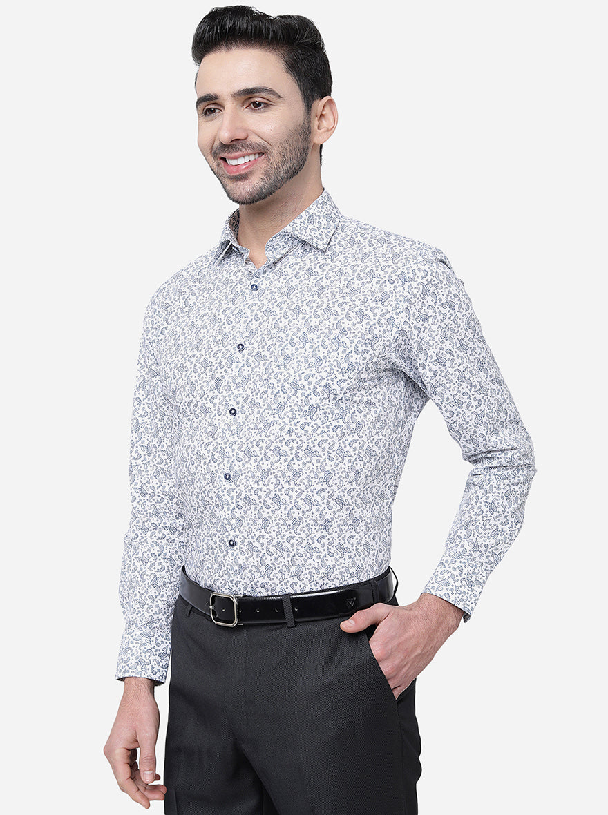 White & Blue Printed Slim Fit Formal Shirt | Greenfibre