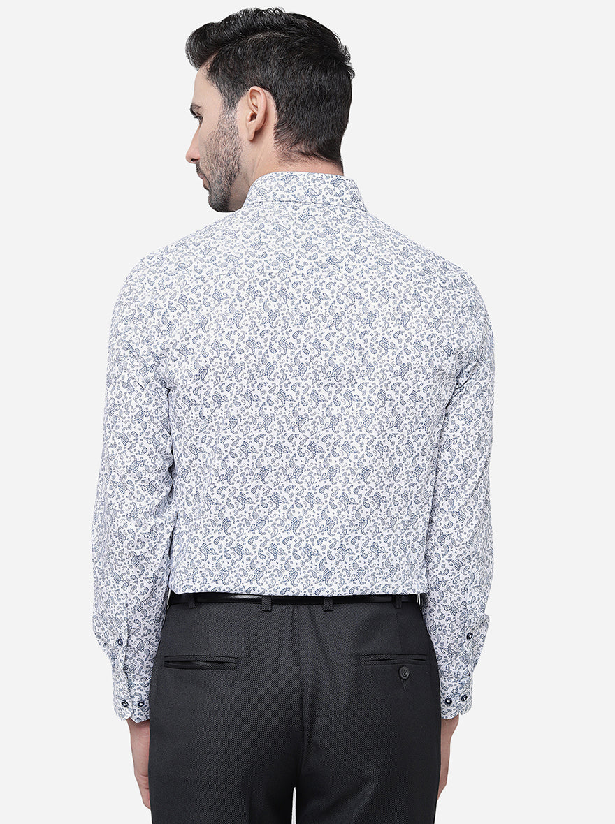 White & Blue Printed Slim Fit Formal Shirt | Greenfibre