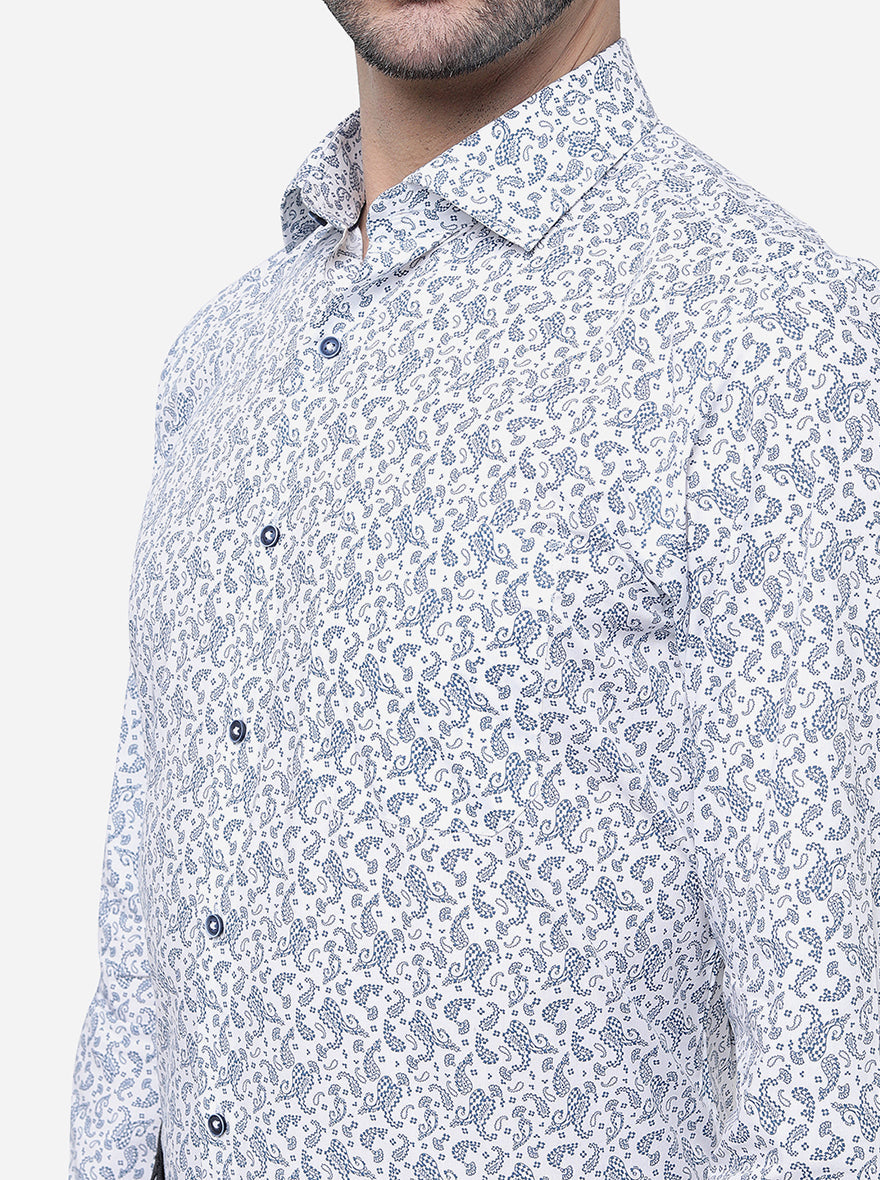 White & Blue Printed Slim Fit Formal Shirt | Greenfibre