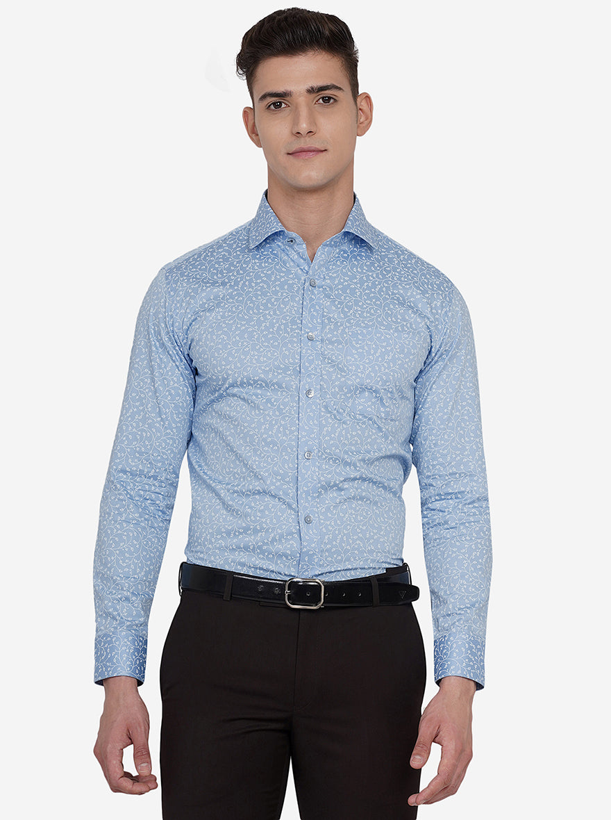 Blue & White Printed Slim Fit Formal Shirt | Greenfibre