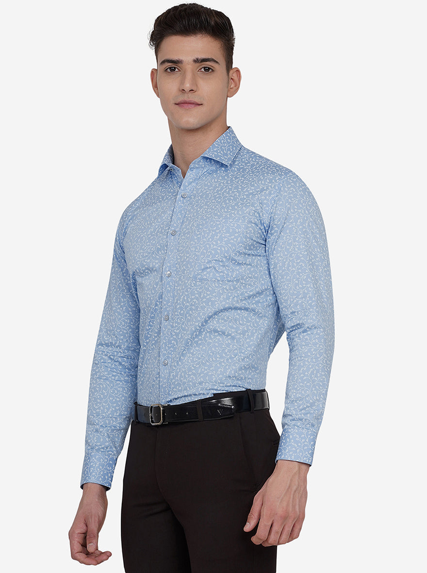 Blue & White Printed Slim Fit Formal Shirt | Greenfibre