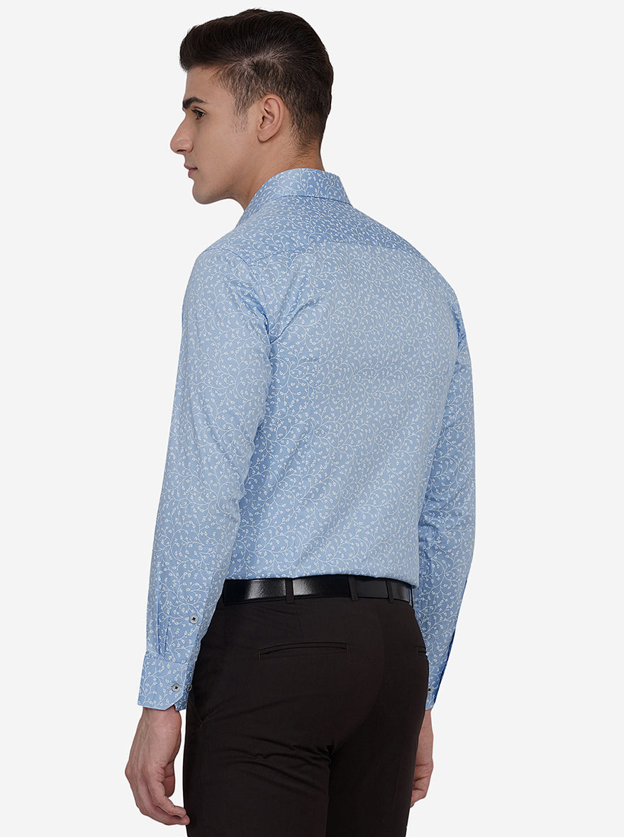 Blue & White Printed Slim Fit Formal Shirt | Greenfibre