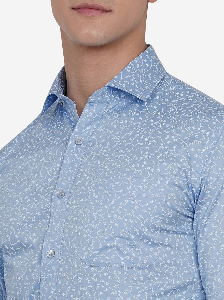 Blue & White Printed Slim Fit Formal Shirt | Greenfibre