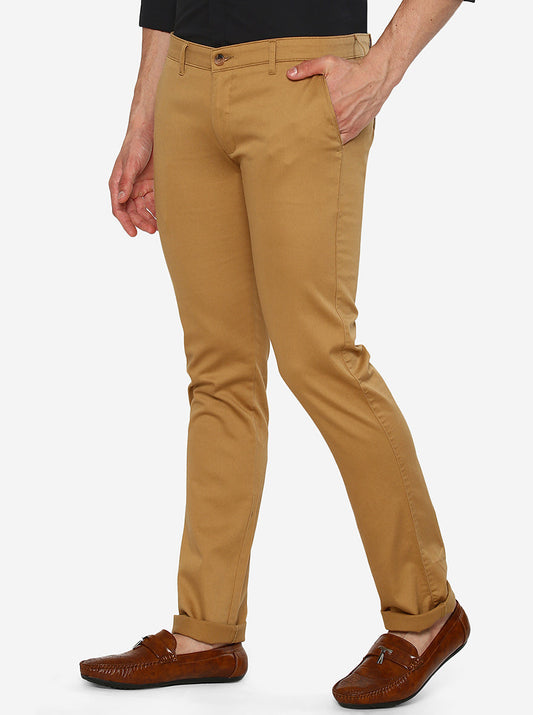 Khaki Solid Super Slim Fit Casual Trouser | Greenfibre