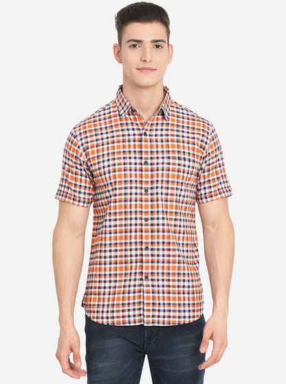 Orange Checked Slim Fit Casual Shirt | Greenfibre