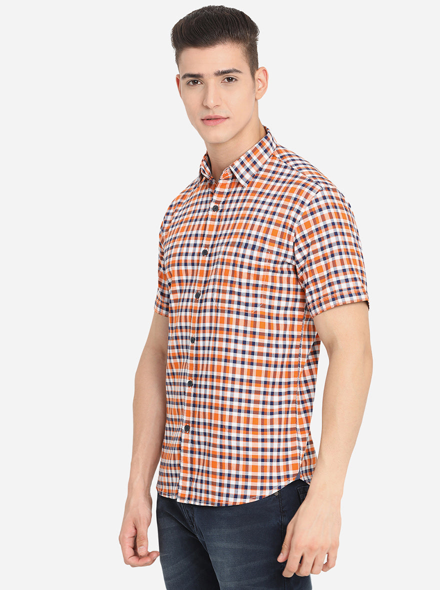 Orange Checked Slim Fit Casual Shirt | Greenfibre