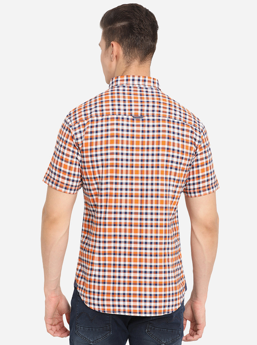 Orange Checked Slim Fit Casual Shirt | Greenfibre