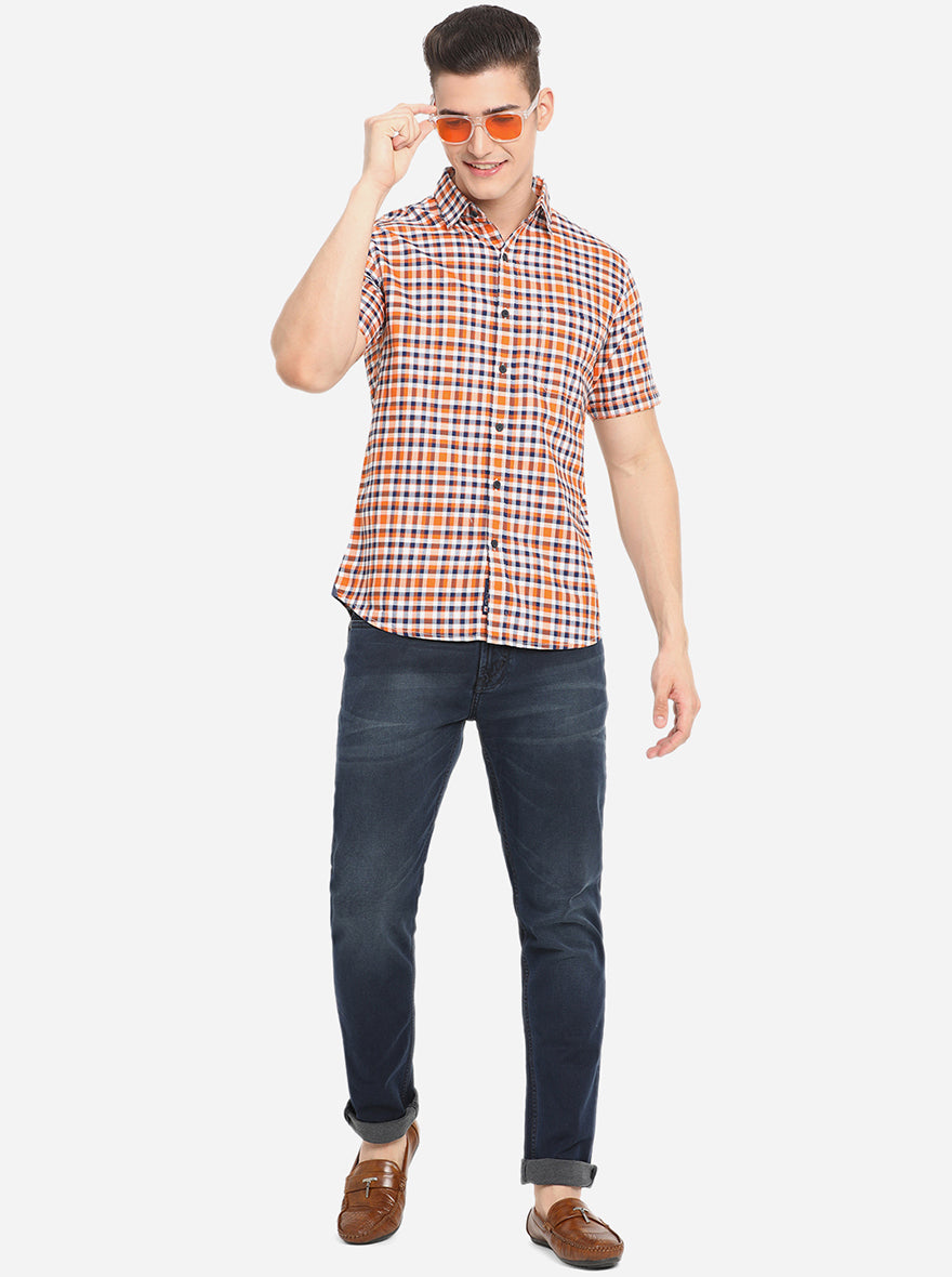 Orange Checked Slim Fit Casual Shirt | Greenfibre