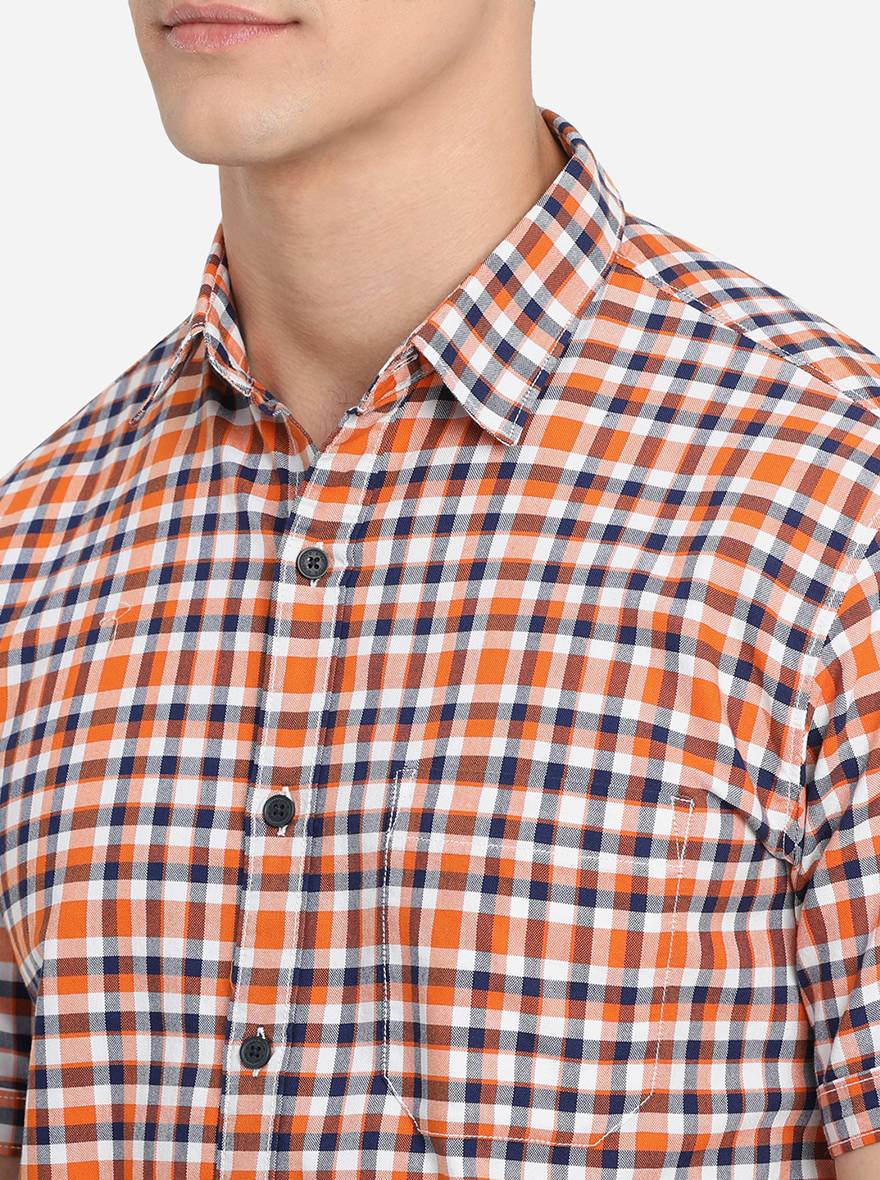 Orange Checked Slim Fit Casual Shirt | Greenfibre