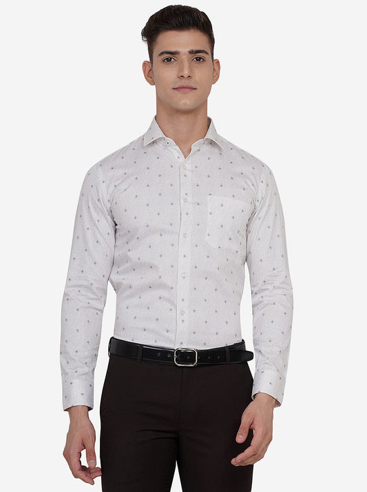 White & Grey Printed Slim Fit Formal Shirt | Greenfibre