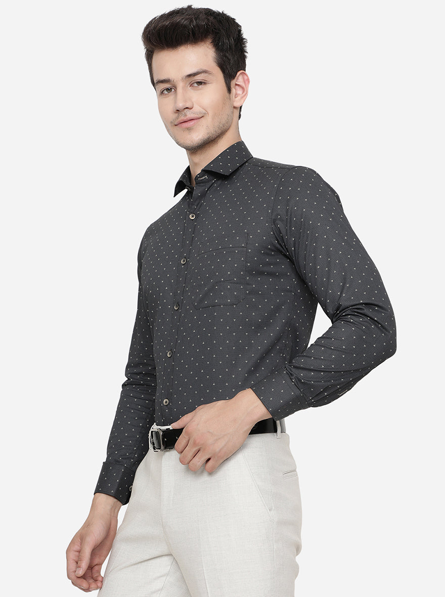 Black & Grey Printed Slim Fit Formal Shirt | Greenfibre