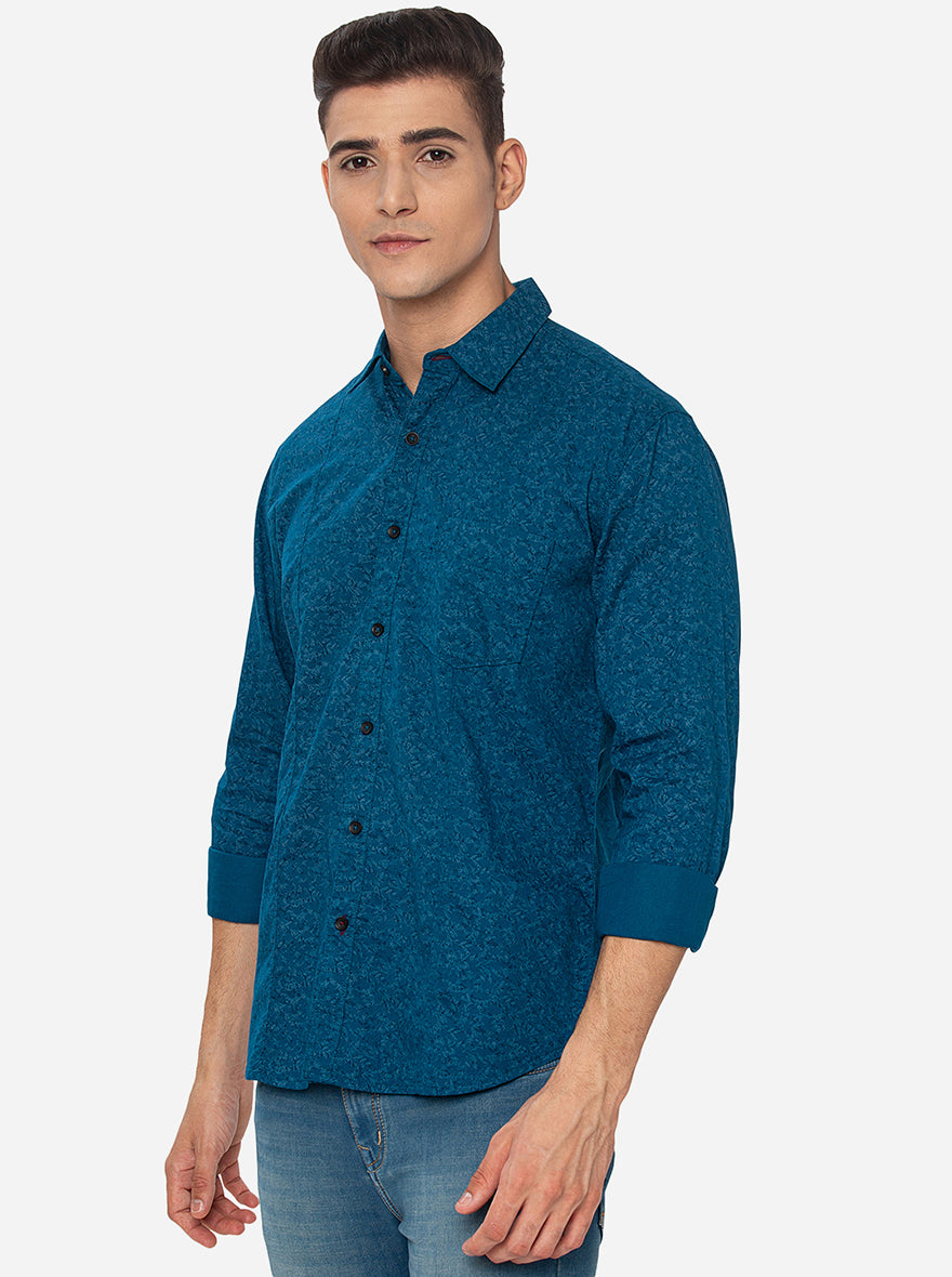 Celestrial Blue Printed Slim Fit Semi Casual Shirt | Greenfibre