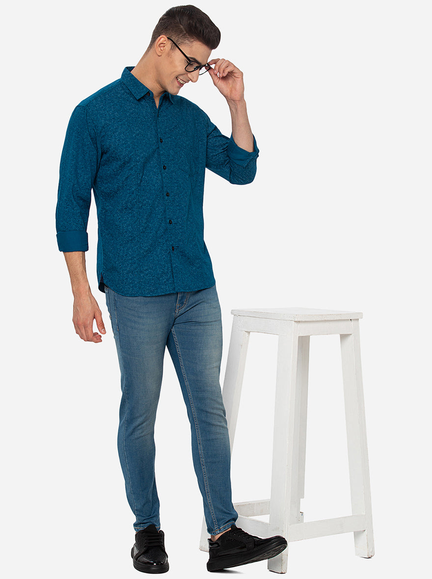 Celestrial Blue Printed Slim Fit Semi Casual Shirt | Greenfibre