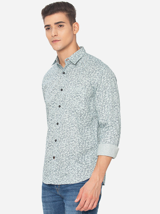 Aqua Green Printed Slim Fit Semi Casual Shirt | Greenfibre