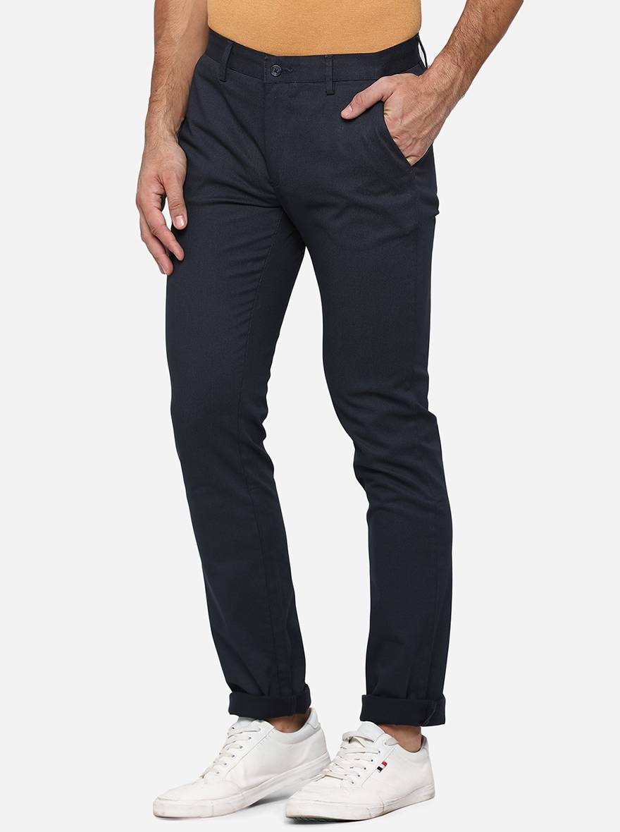 Navy Blue Washed Super Slim Fit Casual Trouser | Greenfibre