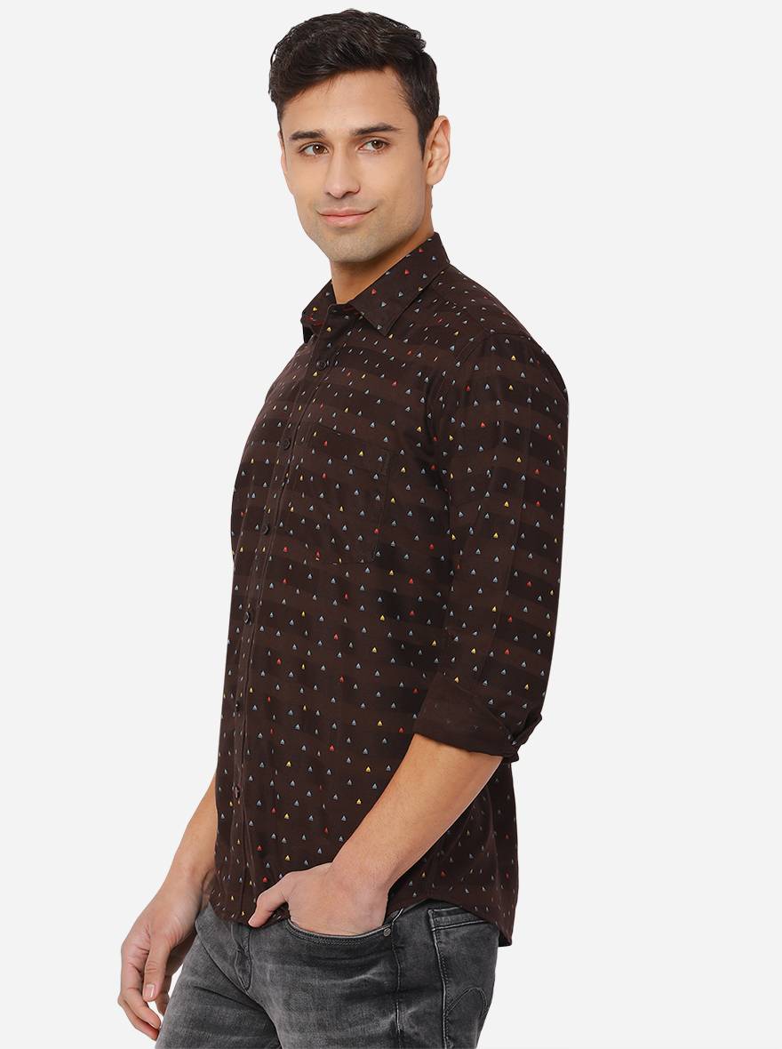 Coffee Brown Printed Slim Fit Casual Shirt | Greenfibre