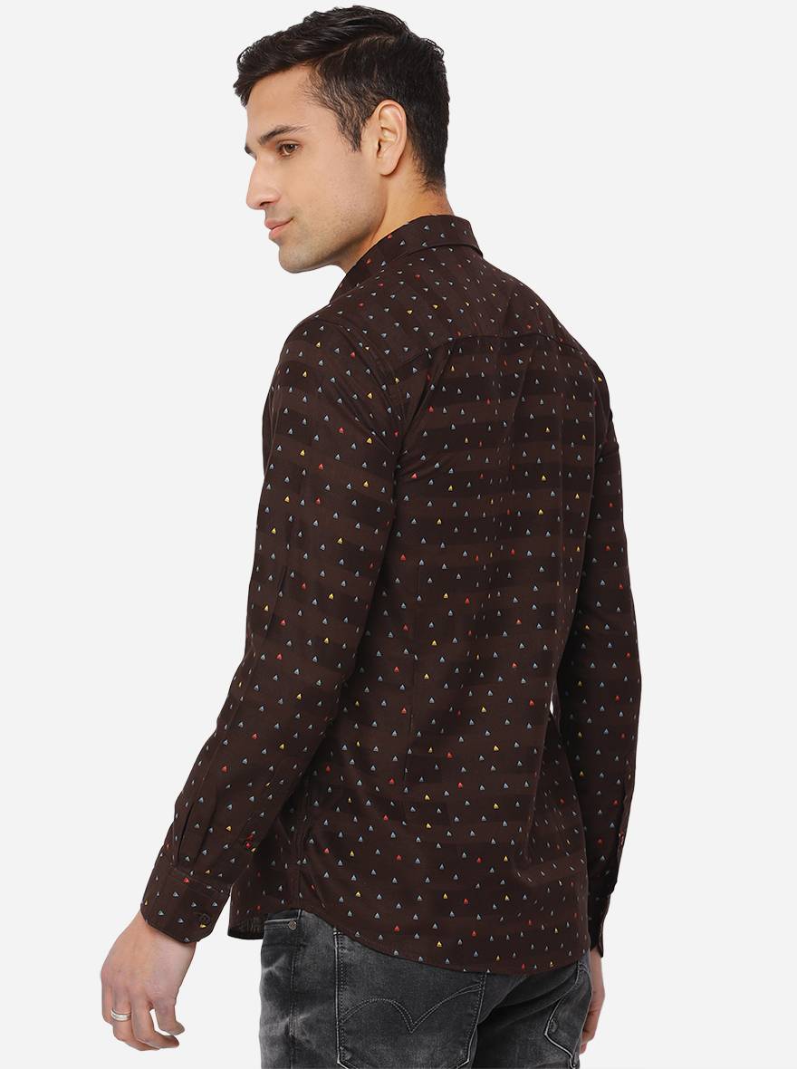 Coffee Brown Printed Slim Fit Casual Shirt | Greenfibre