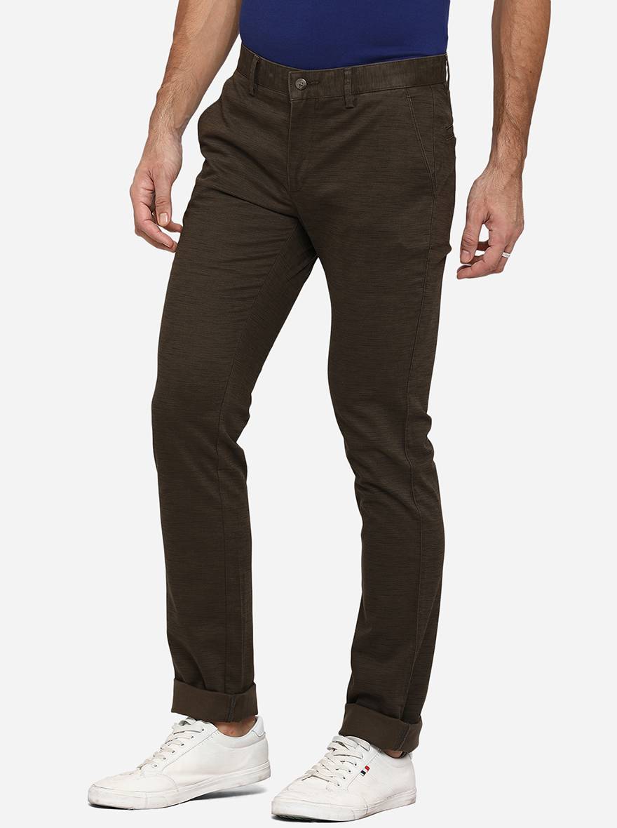 Olive Brown Solid Super Slim Fit Casual Trouser | Greenfibre