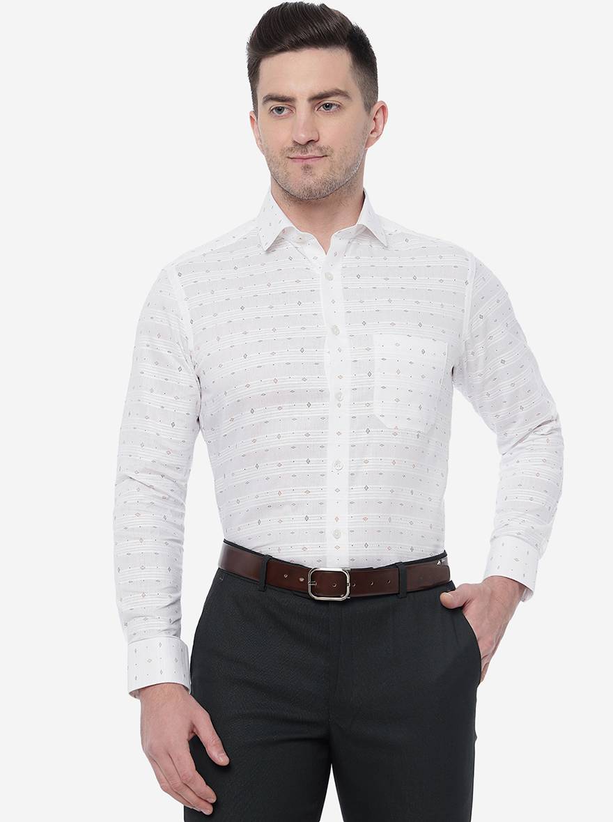 White & Brown Printed Slim Fit Formal Shirt | Greenfibre