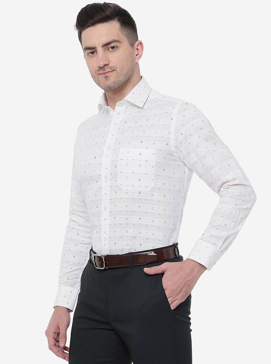 White & Brown Printed Slim Fit Formal Shirt | Greenfibre