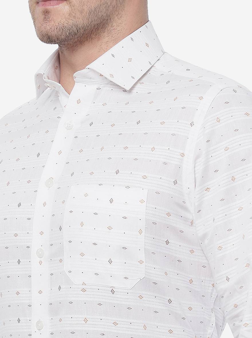 White & Brown Printed Slim Fit Formal Shirt | Greenfibre