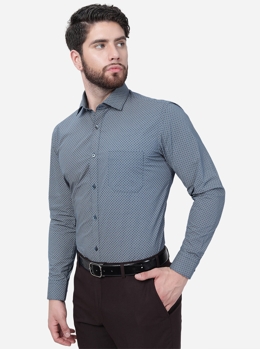 Blue Printed Slim Fit Formal Shirt | Greenfibre