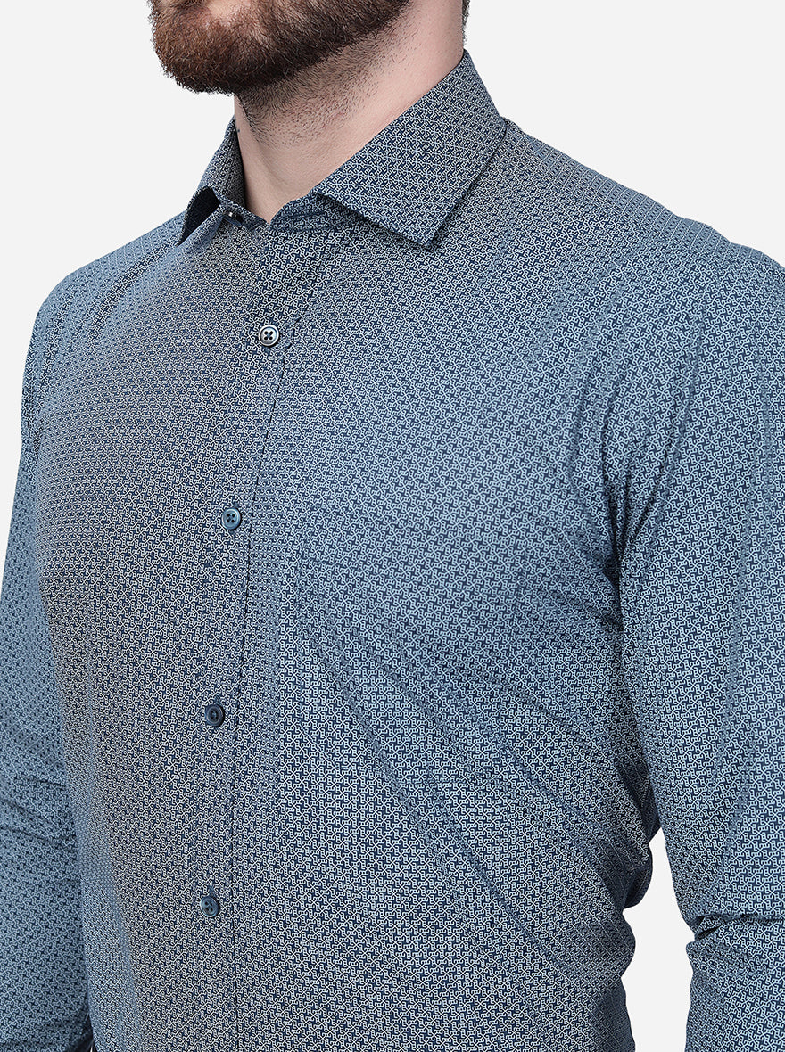 Blue Printed Slim Fit Formal Shirt | Greenfibre