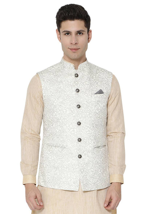 Light Grey Printed Bandhgala Jacket | Greenfibre