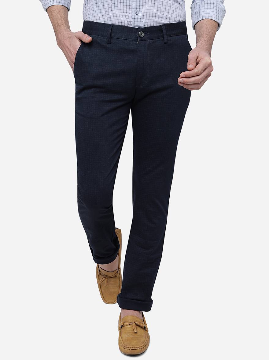 Navy Blue Solid Super Slim Fit Casual Trouser | Greenfibre