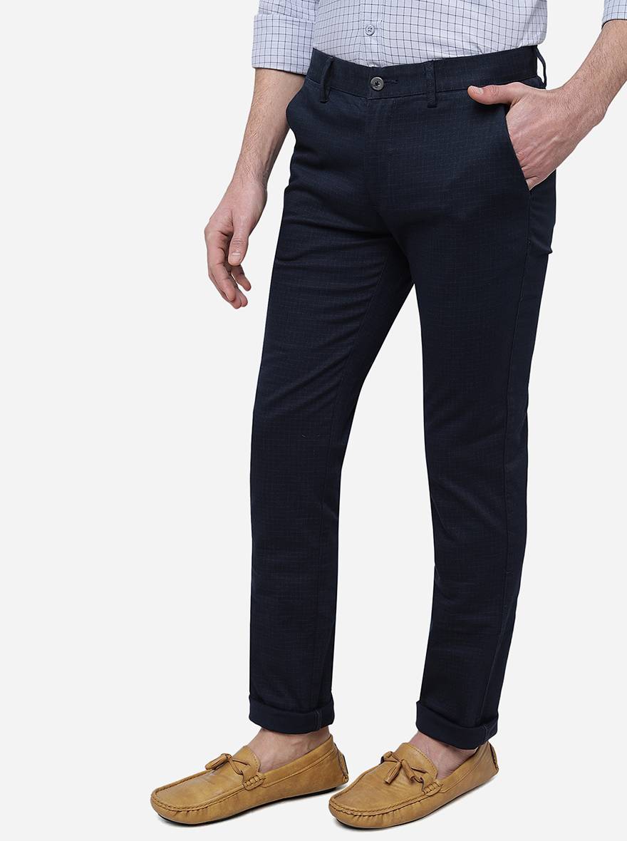 Navy Blue Solid Super Slim Fit Casual Trouser | Greenfibre