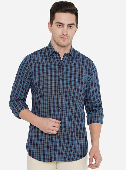 Navy Blue Checked Slim Fit Casual Shirt | Greenfibre