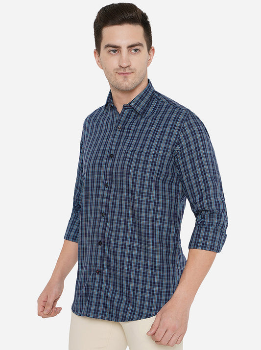 Navy Blue Checked Slim Fit Casual Shirt | Greenfibre