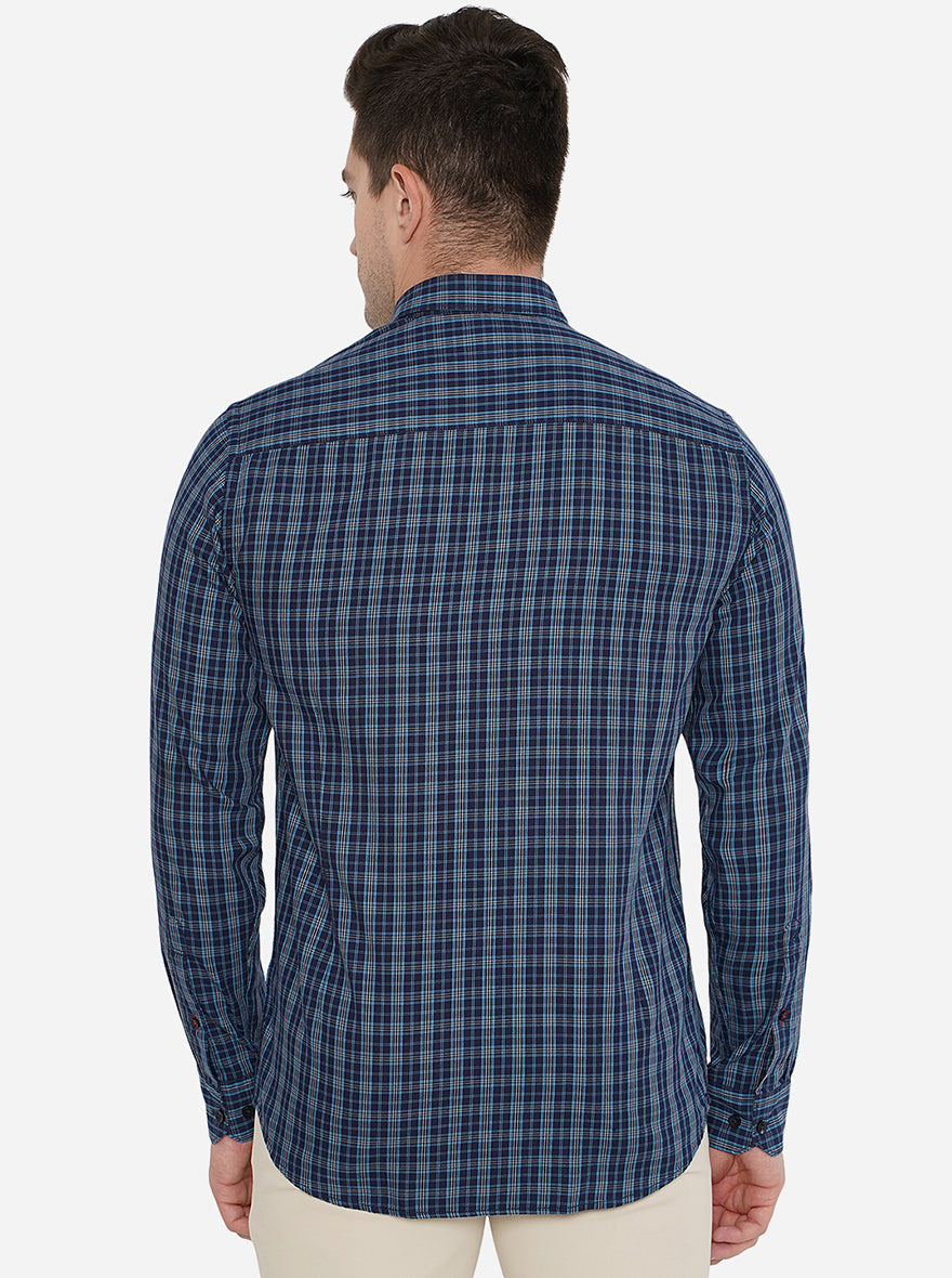 Navy Blue Checked Slim Fit Casual Shirt | Greenfibre