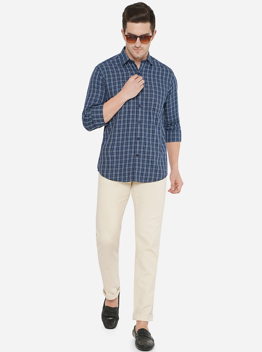 Navy Blue Checked Slim Fit Casual Shirt | Greenfibre