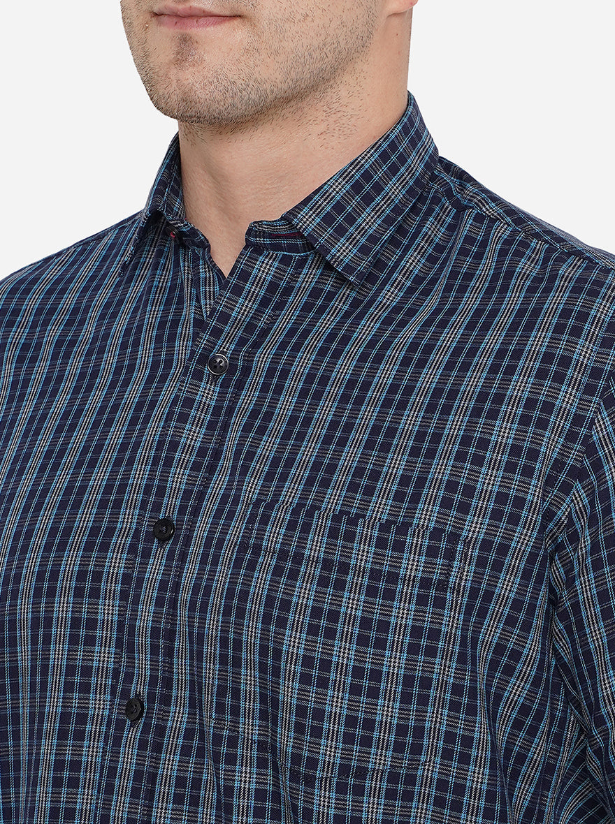 Navy Blue Checked Slim Fit Casual Shirt | Greenfibre