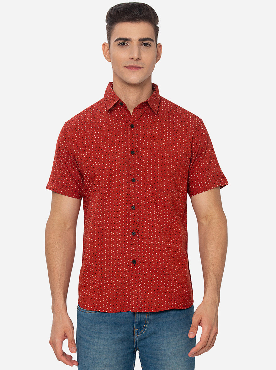 Rust Printed Slim Fit Semi Casual Shirt | Greenfibre