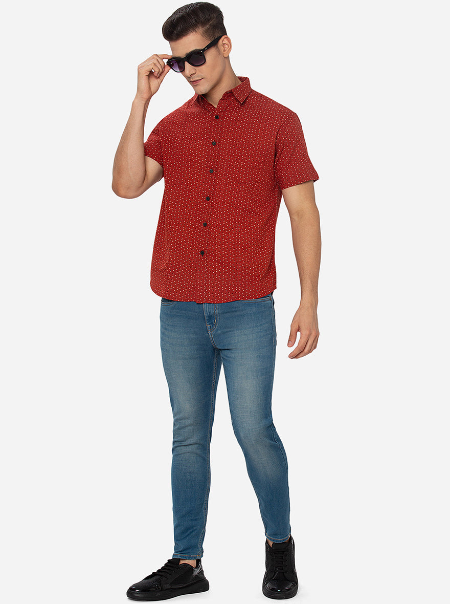 Rust Printed Slim Fit Semi Casual Shirt | Greenfibre