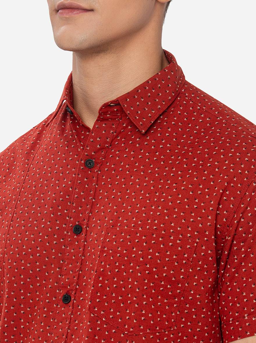 Rust Printed Slim Fit Semi Casual Shirt | Greenfibre