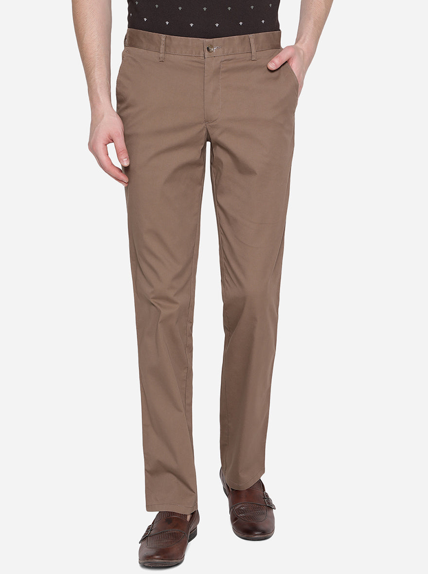 Khaki Solid Slim Fit Casual Trouser | Greenfibre