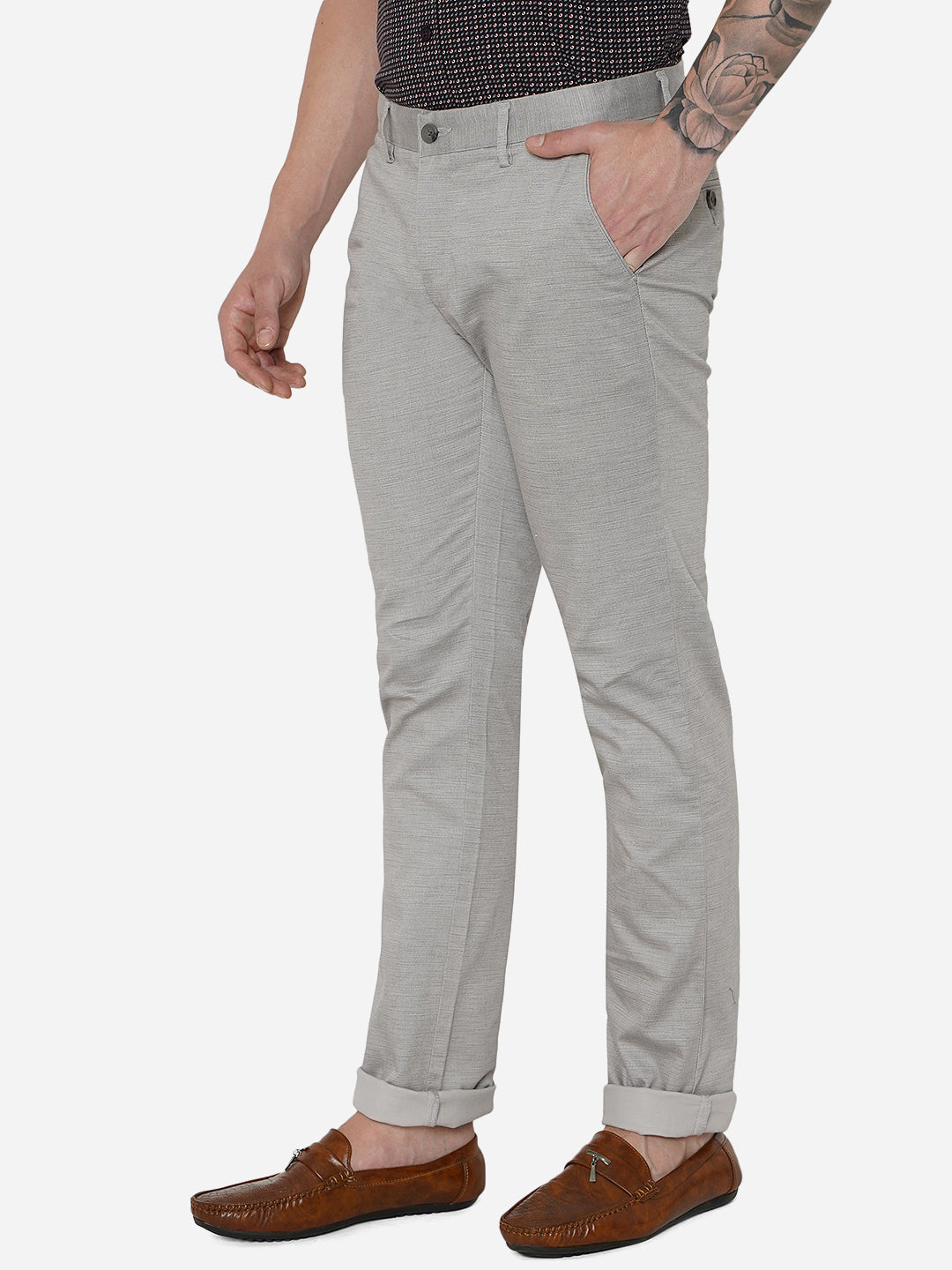 Light Grey Solid Super Slim Fit Casual Trouser | Greenfibre