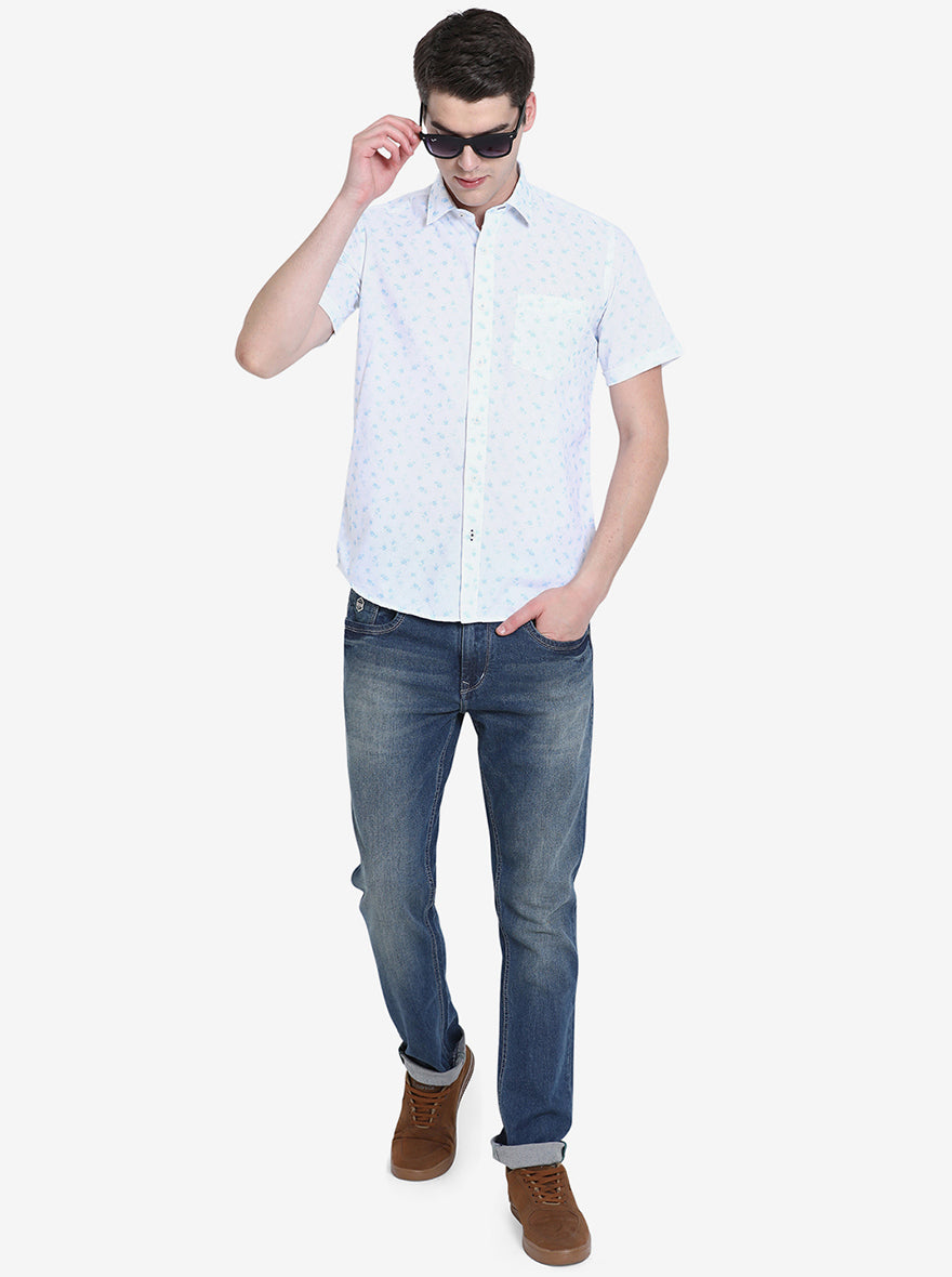 Bright White Printed Slim Fit Casual Shirt | Greenfibre