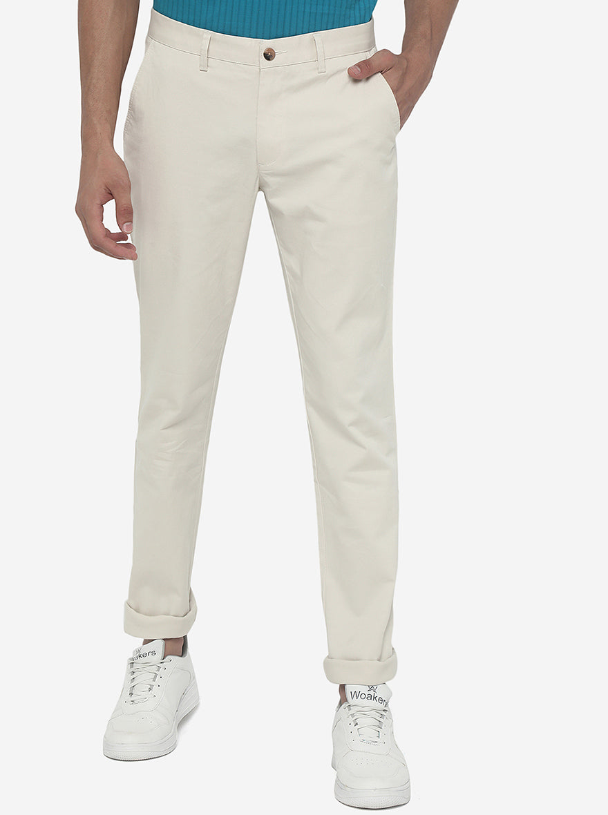 Cream Solid Super Slim Fit Casual Trouser | Greenfibre