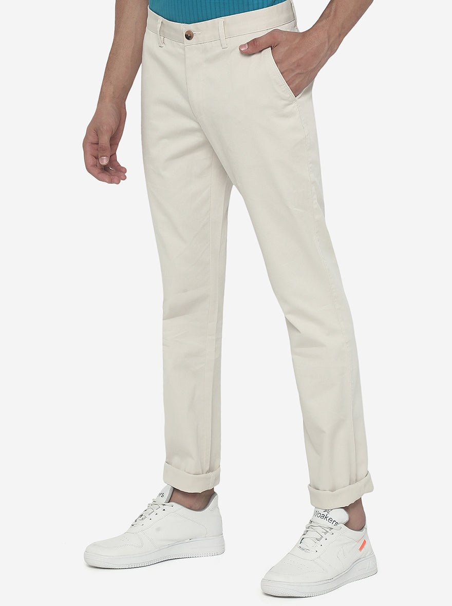 Cream Solid Super Slim Fit Casual Trouser | Greenfibre