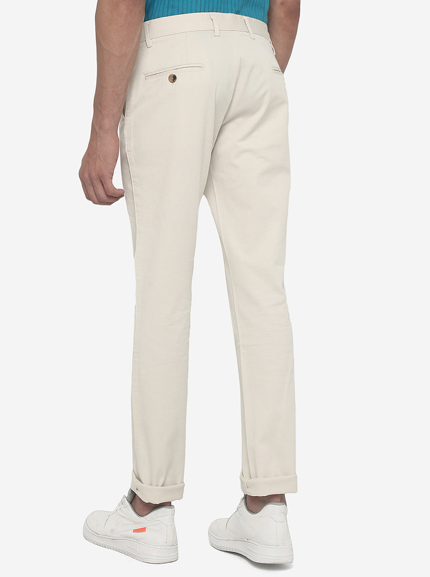 Cream Solid Super Slim Fit Casual Trouser | Greenfibre