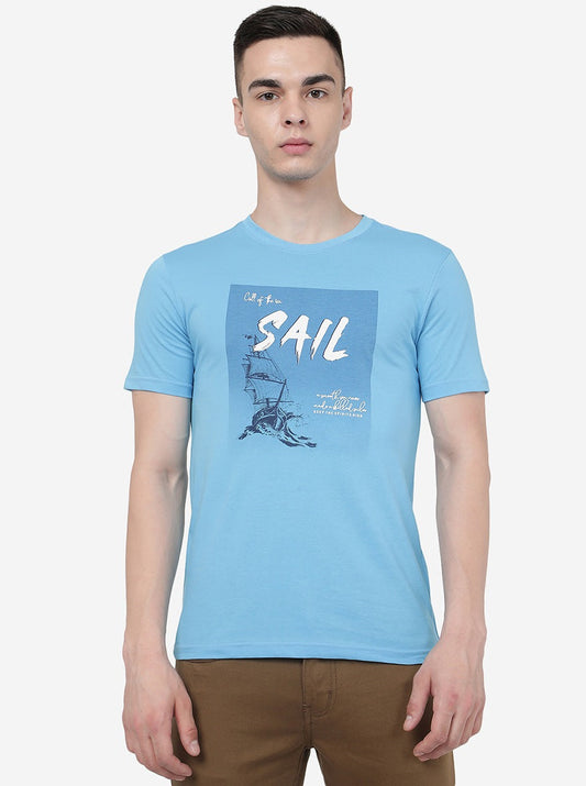 Light Blue Printed Slim Fit T-Shirt | Greenfibre